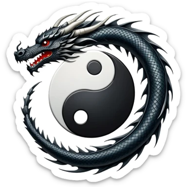 An icon symbolizing Eastern martial arts in the style of an emblem, featuring a black-and-white Yin-Yang symbol and a dragon at the center, surrounded by elements like a dojo. Transparent background highlights balance and power. sticker