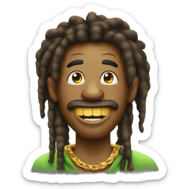 A rastaman with a gold teeth ans thump up sticker