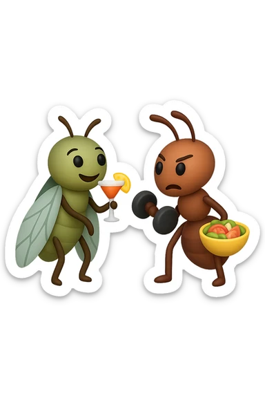 EMOJI STILE IPHONE 3D DI una cicala e una formica che parlano tra loro, la formica ha nella mano destra un manubrio da palestra e nella nella mano sinistra una bowl di insalata, la cicala invece ha un cocktail in mano, la cicala prende in giro la formica, non fare i fumetti però sticker