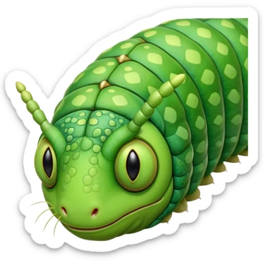 Cinematic Realistic Noble Caterpillar Portrait Emoji, Poised and serene, with a slender, segmented body covered in vivid, detailed green scales accented by subtle natural patterns, and a tiny, focused face with delicate, inquisitive eyes, rendered with lifelike texture and soft natural lighting, high shine, intelligent and delicate, styled with an air of woodland elegance, focused and attentive, soft glowing outline, capturing the essence of a watchful and confident looper caterpillar that appears ready to inch gracefully out of the screen with natural authority! sticker