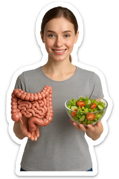 DONNA CON INTESTINO UMANO ANATOMICO CON INSALATA IN MANO, iperrealistico 4k, SFONDO BIANCO sticker