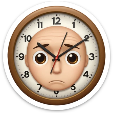 Create a hurried expression holding a clock sticker