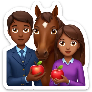 a dark skinned boy and a brown haired girl giving an apple to a horse sticker