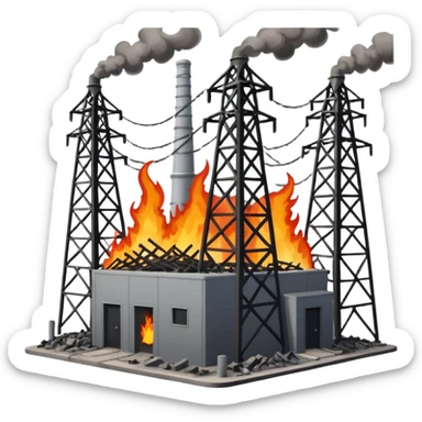 an exploded, destroyed electrical substation with towers sticker