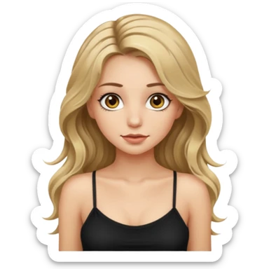 make an emoji girl with long dirty blond hair and hazel eyes. wearing a cute black spaghetti strap tank top tank top and her hair is down and slightly wavy. she also has really long eyelashes  sticker