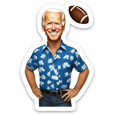 Joe Biden wearing a Hawaiian shirt with a football helmet on sticker