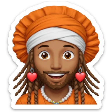 Brownskin man with long dreadlocks orange shirt add white ruffled turban with hearts in both eyes mouth open  sticker