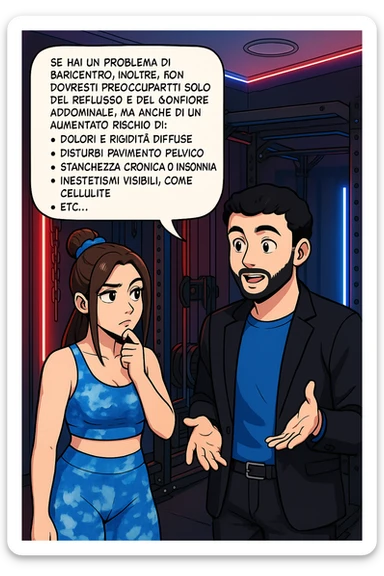 TRASFORMA QUESTO CAROSELLO IN UN FUMETTO STILE WEBTOON/MANGA A COLORI CON QUESTE DUE PERSONE IDENTICHE CHE INTERLOQUISCONO TRA LORO, L'uomo sta spiegando alla donna questo concetto MENTRE LA DONNA SI TIENE L'INDICE SUL MENTO ASCOLTANDOLO PENSIEROSA:

Se hai un problema di baricentro, inoltre, non dovresti preoccuparti solo del reflusso e del gonfiore addominale, ma anche di un aumentato rischio di:
    • dolori e rigidità diffuse
    • disturbi pavimento pelvico
    • stanchezza cronica o insonnia
    • inestetismi visibili, come celluluite
    • etc… sticker