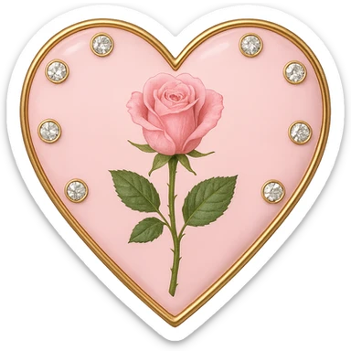single rose pink heart, pastel pink enamel, sparkling gems sticker