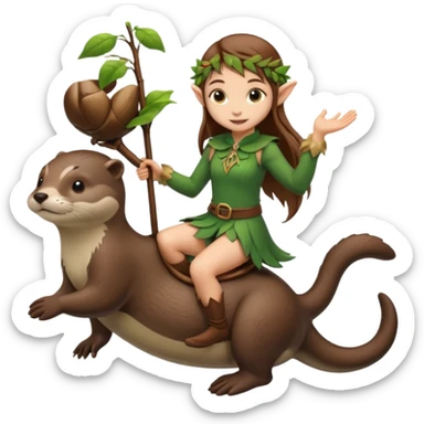 tiny forest elf girl brown straight hair with riding an otter sticker