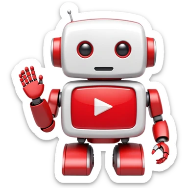 A cute 3D robot mascot icon with YouTube-style play button eyes and a speech bubble, red and white color scheme, friendly and approachable design, perfect for AI chat interface sticker
