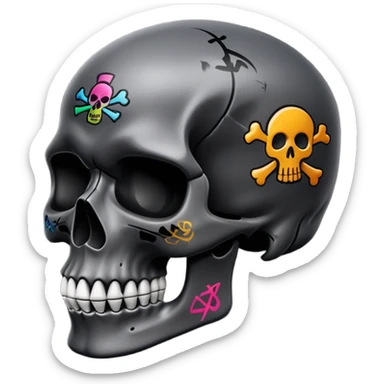 smooth black skull with graffiti brand logos, side view sticker