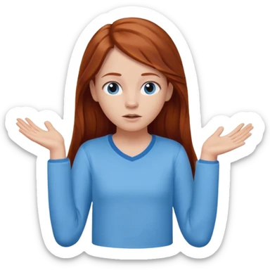 shrugging emoji tween long auburn hair light blue shirt with a darker blue L sticker