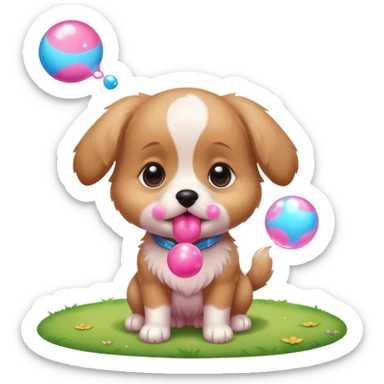 Cute tiny puppy blowing bubblegum at the park sticker