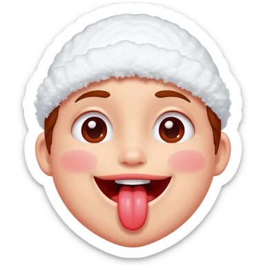 Someone got hit with a snowball and has snow on their face but is happy and smiling with their tongue out but their eyes are red sticker