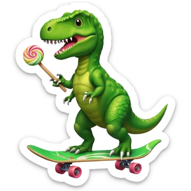 T-Rex riding a skateboard with attempting to have a lollipop but can’t because the arms are too short sticker
