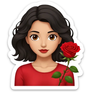Olive Brown eyes black wavy hair red rose backround red top  sticker
