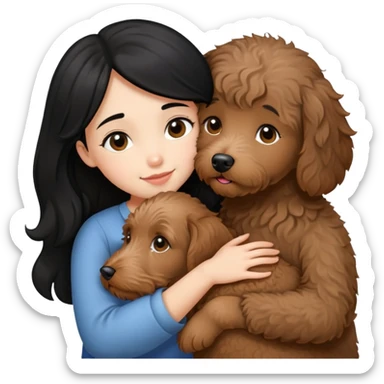 a girl with medium long black hair, hugging a little brown coated labradoodle. sticker