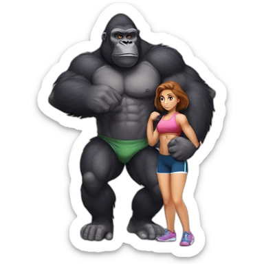 Big buff Gorilla holding a beautiful girl with a huge back doing exercises sticker