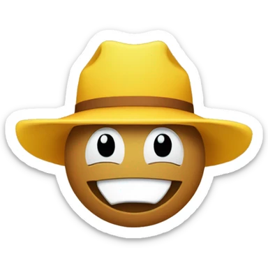 round yellow face emoji with one piece of hay in his teeth and a cowboy hat on sticker