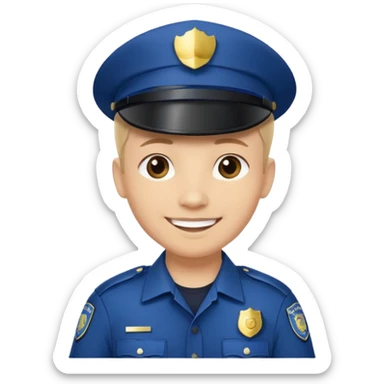 This is a cartoon-style avatar of a police officer with light skin, wearing a dark blue cap featuring a silver badge, and showing a smile expression. sticker