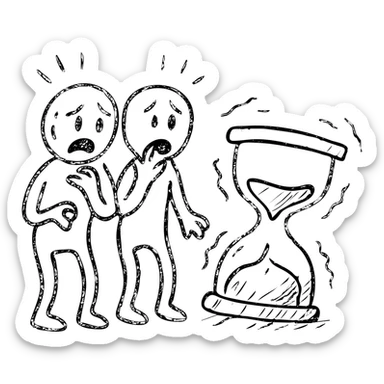 ultra-minimalist hand-drawn outlined icon of two figures, trembling clock or hourglass, extremely worn and eroded texture, anxious and stressed expressions, sense of terror sticker