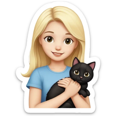 Blonde girl holding a happy black cat sticker