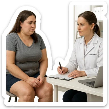 hyper realistic 4K woman consulting a nutritionist, fat on thighs and legs, normal physique, clinical scene details sticker