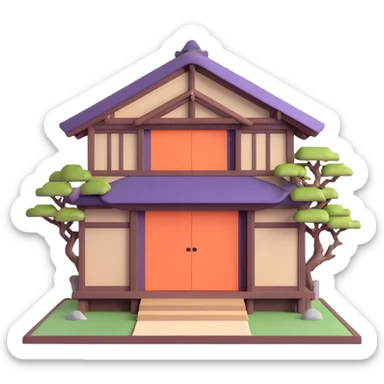 Traditional Japanese house with wooden beams, paper doors, tatami sticker