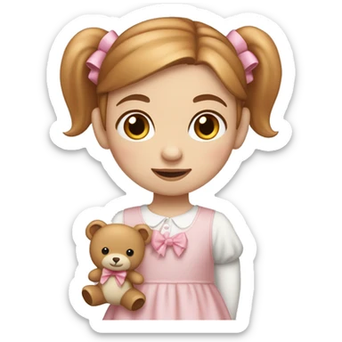 Little Girl with White skin, blue eyes. Light brown and red hair in two ponytails, with light pink bows.  She is wearing a light pink and White dress, standing and holding a teddybear with a pink bow. sticker