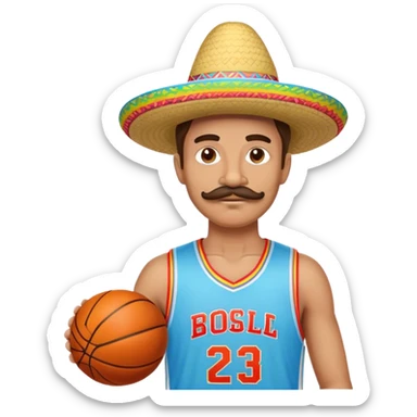 Wearing a fake mustache, a colorful sombrero, and a light blue basketball jersey sticker