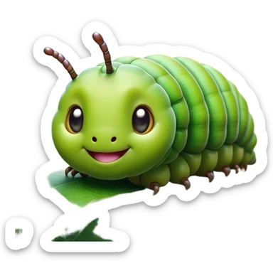 Cinematic Realistic Cute Caterpillar Portrait Emoji, Head tilted playfully and inquisitively, featuring a compact, segmented body in bright, vibrant green with delicate, inviting textures and a charming, rounded face with sparkling eyes full of curiosity, rendered with lifelike detail and natural highlights, high shine, affectionate and spirited, styled with a touch of garden whimsy, soft glowing outline, capturing the essence of a mischievous yet lovable caterpillar that seems poised to crawl cheerfully into your arms! sticker