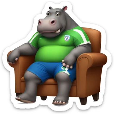 fat hippo as soccer player sit on chair sticker