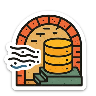 stacked database cylinders in a basement or underground setting with arched brickwork, stairs, or stone walls, flowing abstract data streams with lines, dots, or waves, worn and distressed effect, detailed icon sticker