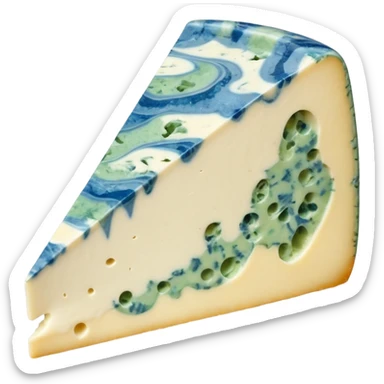 wedge of gorgonzola cheese, thick and creamy with off-white interior, blue-green mold veins, moist and oozing near edges, natural beige rind, soft texture, irregular marbling, apple emoji style, soft lighting, subtle shadows, transparent background, emoji scale sticker