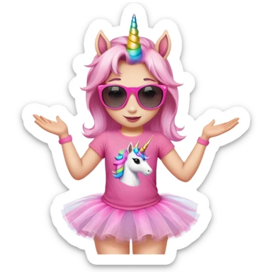 friendly anthropomorphised female unicorn in tutu and pink t-shirt, wearing dark sunglasses, relaxed pose, head and shoulders portrait sticker