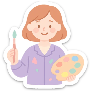 Serene female oil painter, Caucasian features, shoulder-length auburn hair, soft brown eyes, gentle smile, wearing a violet painter’s smock lightly stained with paint over a beige blouse, holding a wooden palette with vibrant colors in one hand and a brush in the other, waist-up, front-facing sticker