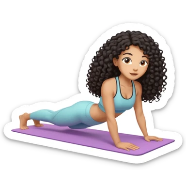 Mixed-race athletic woman with caramel skin, slim thick, long black curly hair, in a plank position on a pastel yoga mat sticker