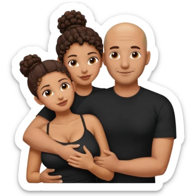 A picture of a tanned couple embracing. the man is a Mexican man with tanned skin, a bald hair cut, short beard and wearing a black shirt. the woman is mixed, with curly brown hair in a messy bun and with big boobs  sticker