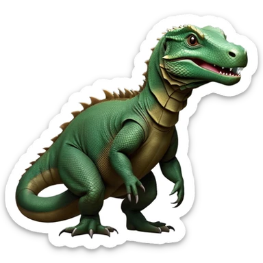 cinematic-komodo-dragon-realistic-full-body-standing-emoji,-massive-scaled-body-poised-with-quiet-power,-rough-textured-skin-dark-green-and-brown,-head-tilted-dramatically,-long-forked-tongue-flicking-out,-simplified-yet-realistic-focused-features,-highly-detailed,-glowing-with-an-almost-sarcastic-glow sticker