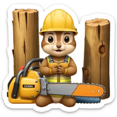 a chipmunk in a construction helmet and with a chainsaw in his hands kneels in front of a log and prays sticker