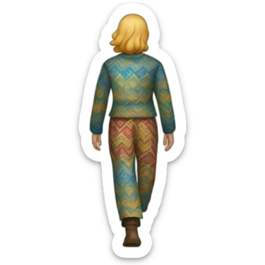 person wearing colorful pattern wide pants, walking, medieval sticker