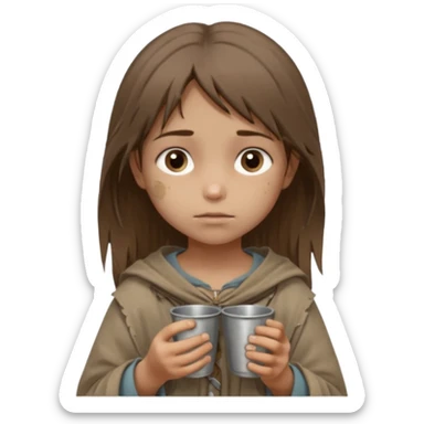little beggar girl character, chest-up portrait, loose slightly messy hair, worn and oversized clothes in neutral earth tones, tired but gentle eyes, subtle dirt marks on face, holding small metal cups for coins, humble and innocent expression sticker