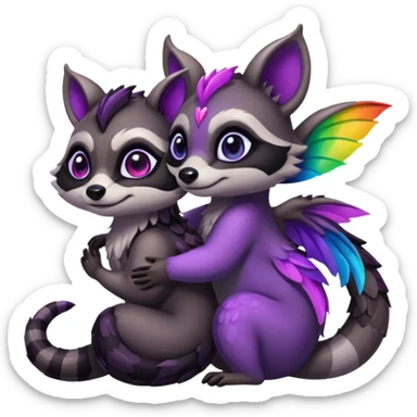 2 black female raccoon dragon hybrids with rainbow colored wings and purple eyes hugging sticker