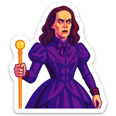 Wilhemina Venable (Sarah Paulson) in royal purple Victorian style, beautiful and luminous but terrifying, holding a gold cane sticker