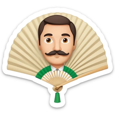 Folding paper fan with an Italian man with mustache printed as decoration on the fan surface sticker