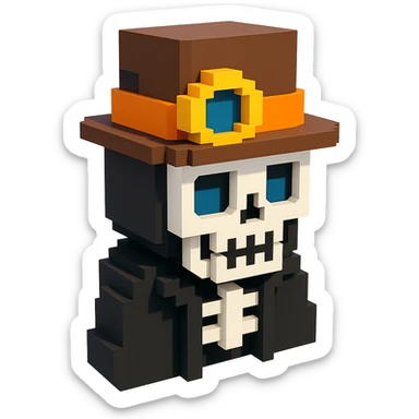 a skeleton man in a black cloak with a steampunk top hat, voxel style sticker