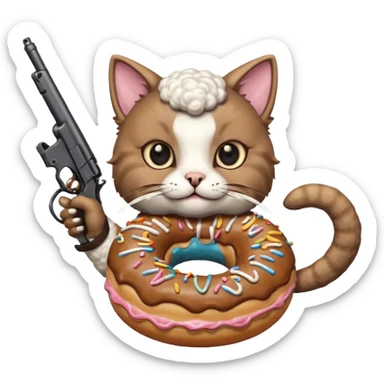 Cat with a sheep head pointing a gun at a donut sticker