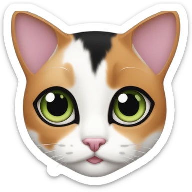 young calico cat face with a pink nose, white chin, green eyes, and black and orange markings sticker