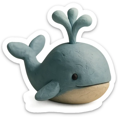 a blue whale with a water spout, claymation style, pastel colors, visible fingerprints sticker